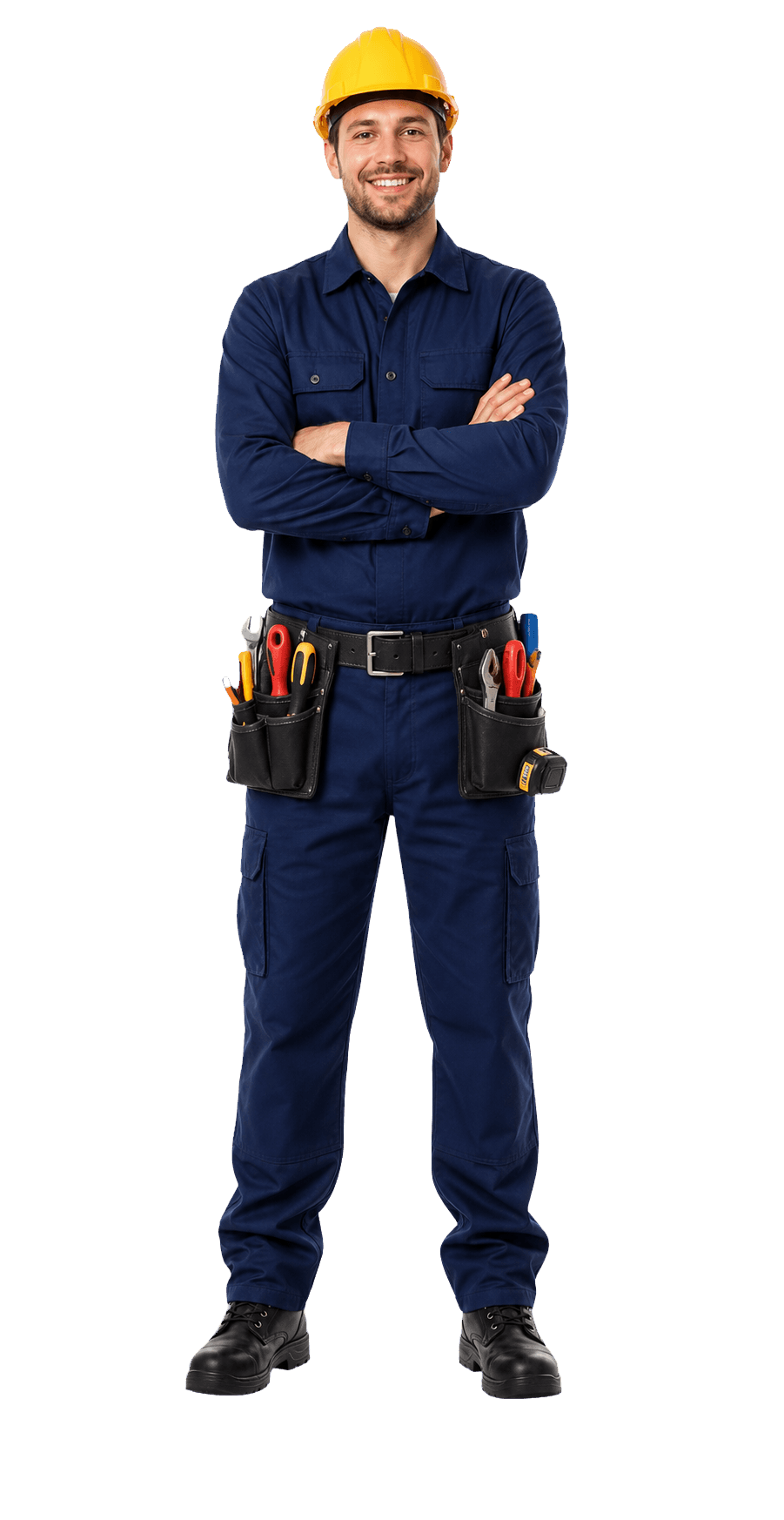 City Pro Fix tradesman in navy workwear and a yellow hard hat